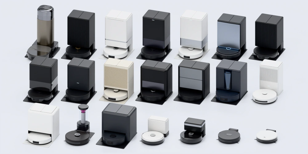Illustrative 3D lineup of robot vacuums and docks